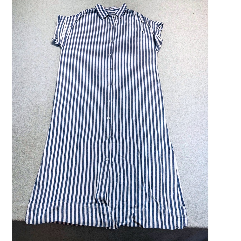 Zara Shirt Dress‎ Womens Medium Blue White Striped Button Down Midi Short Sleeve